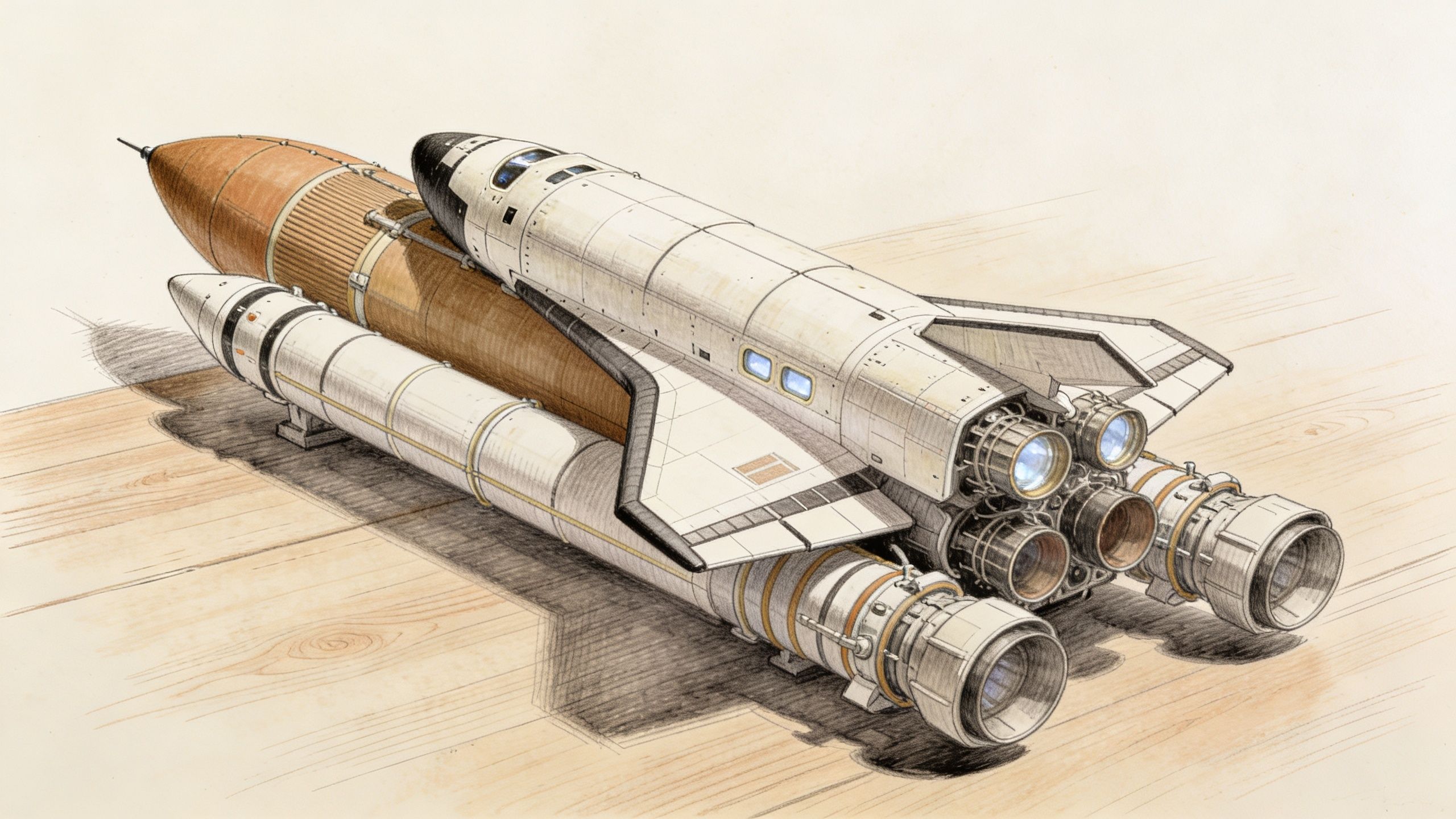 A detailed artistic sketch of a space shuttle attached to a rocket booster on a wooden surface.