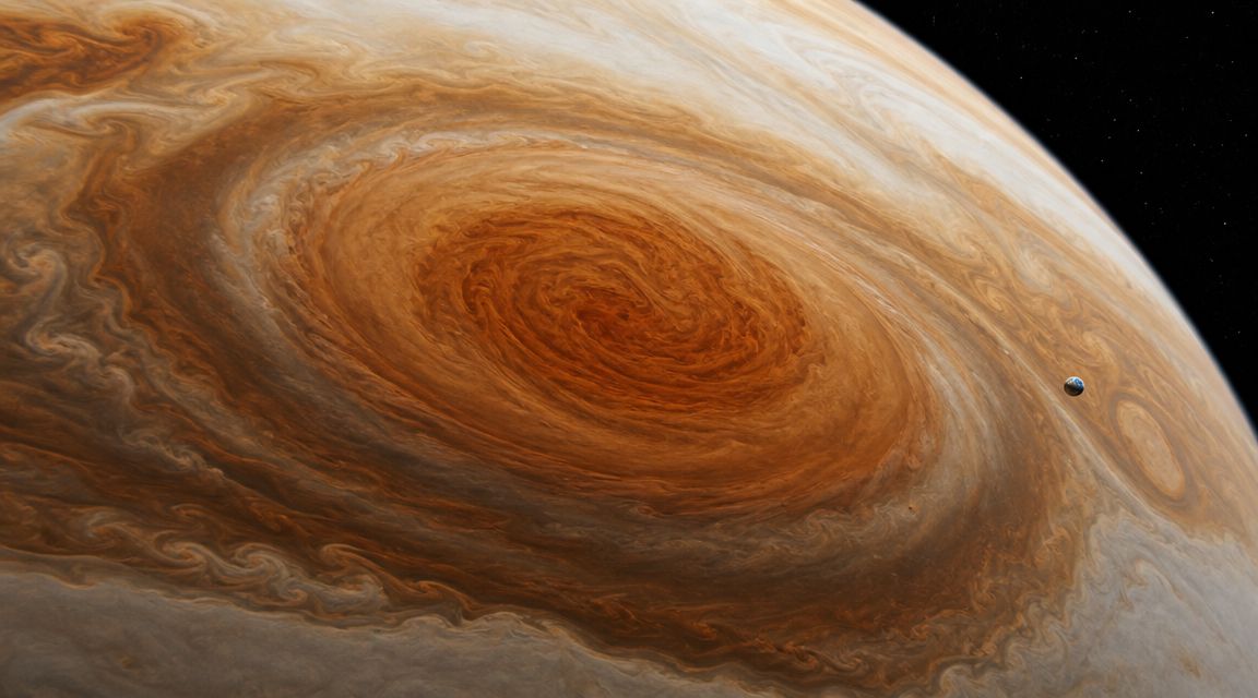 A massive swirling storm on Jupiter with a small Earth-sized planet floating nearby in space for jupiter facts for kids