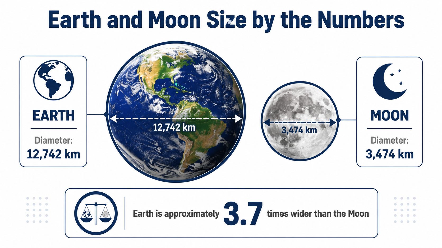 An infographic comparing the diameters of Earth and the Moon, highlighting their relative sizes in kilometers.