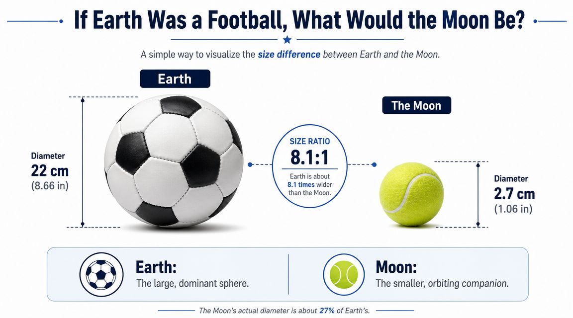 A visual comparison showing a football representing Earth and a tennis ball representing the smaller Moon.
