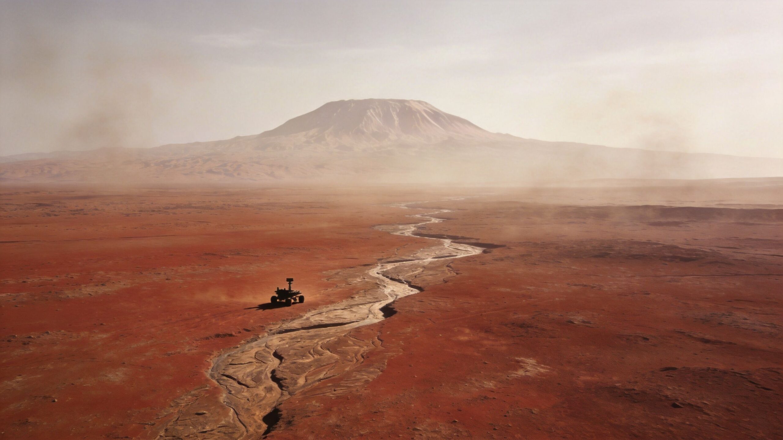 A Mars rover driving across a dusty red landscape with a large mountain in the background.