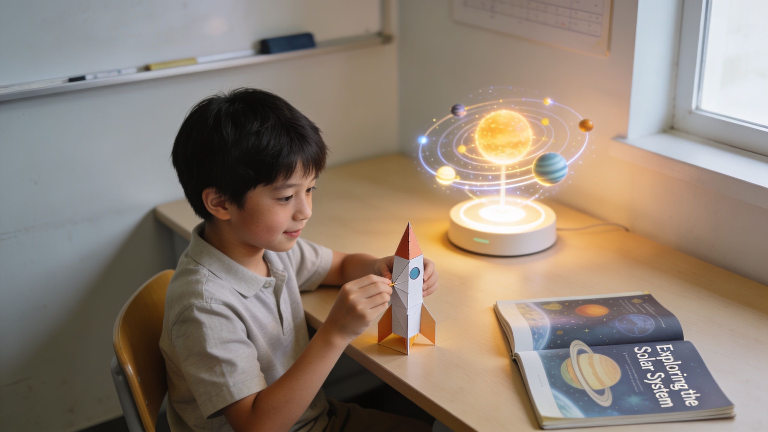 A young boy sits at a desk crafting a paper rocket beside a glowing solar system model.