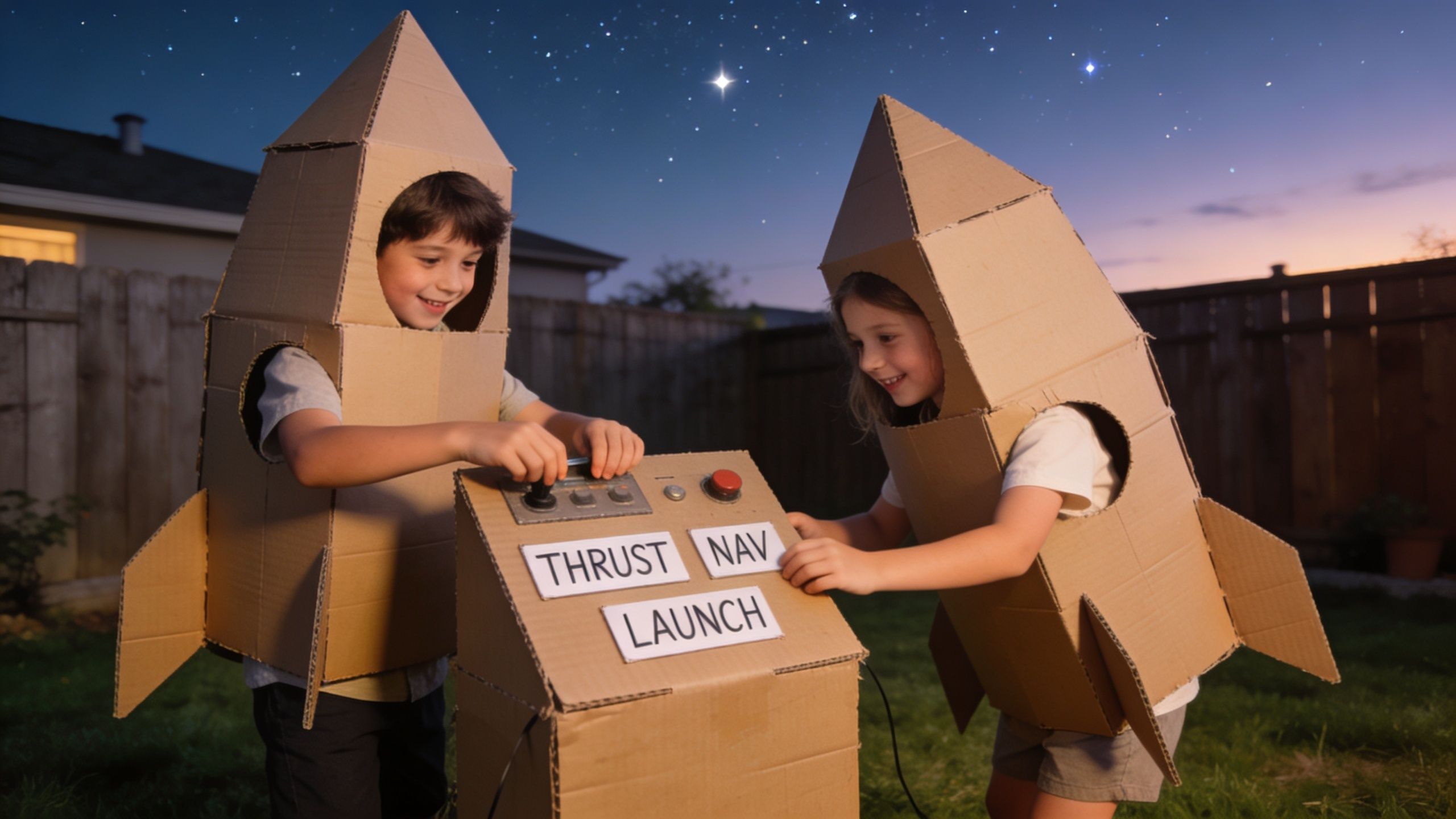 Two children wearing cardboard rocket ship costumes playing with a DIY control panel in the backyard at night.
