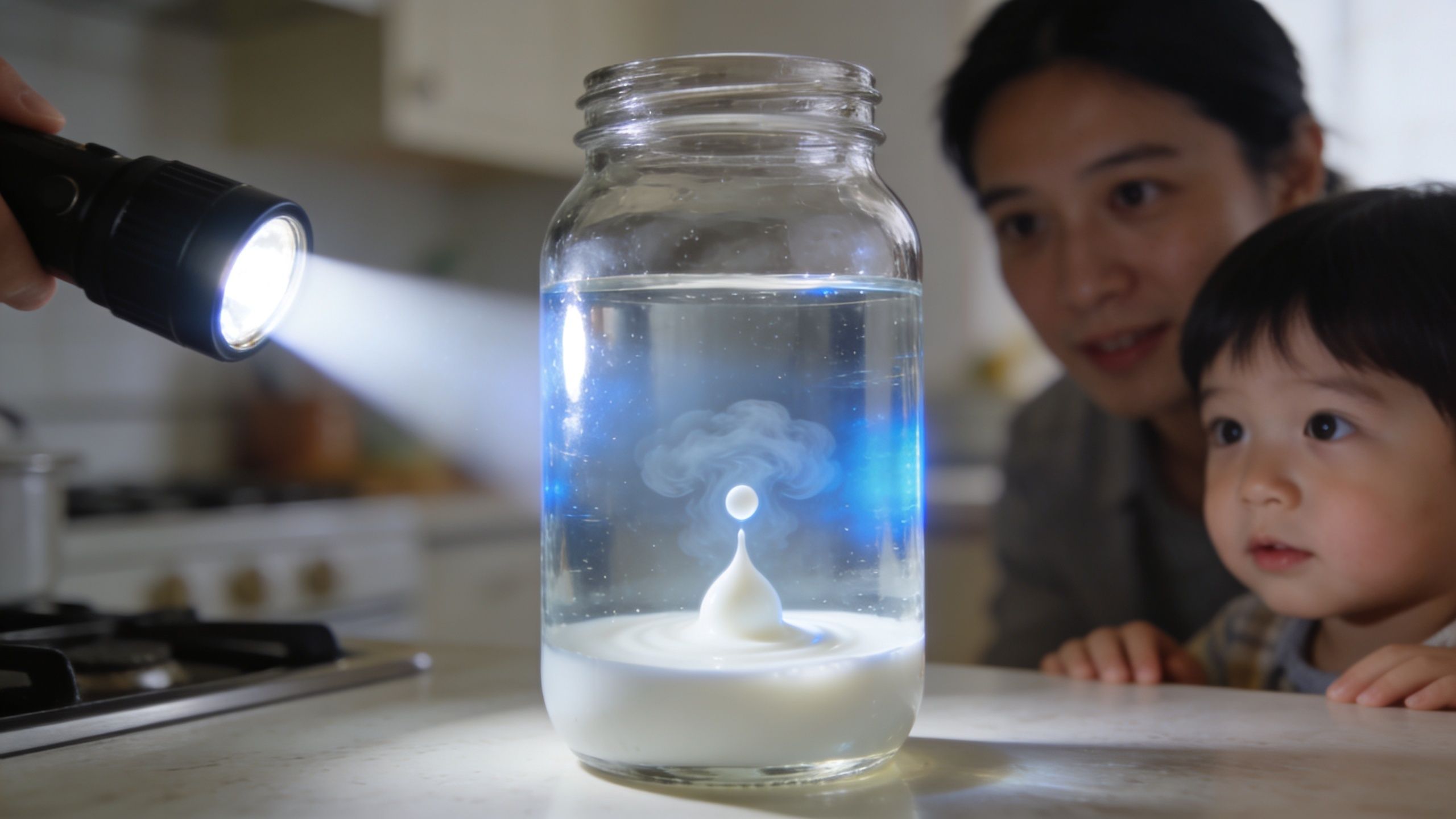 A child and a woman watch a glowing milk drop experiment in a jar with a flashlight.