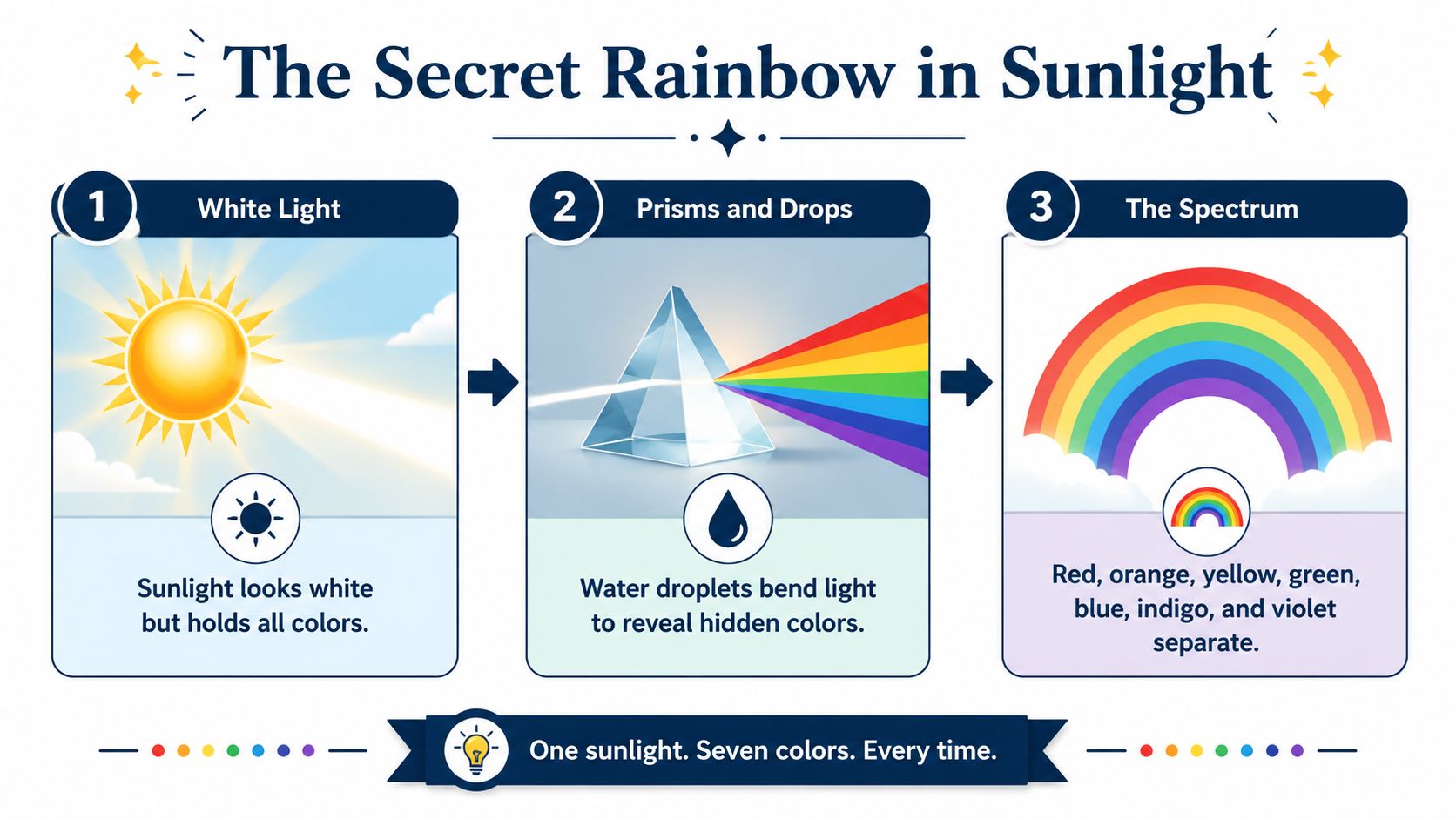 A diagram explaining how sunlight passes through prisms and water droplets to create a rainbow spectrum.