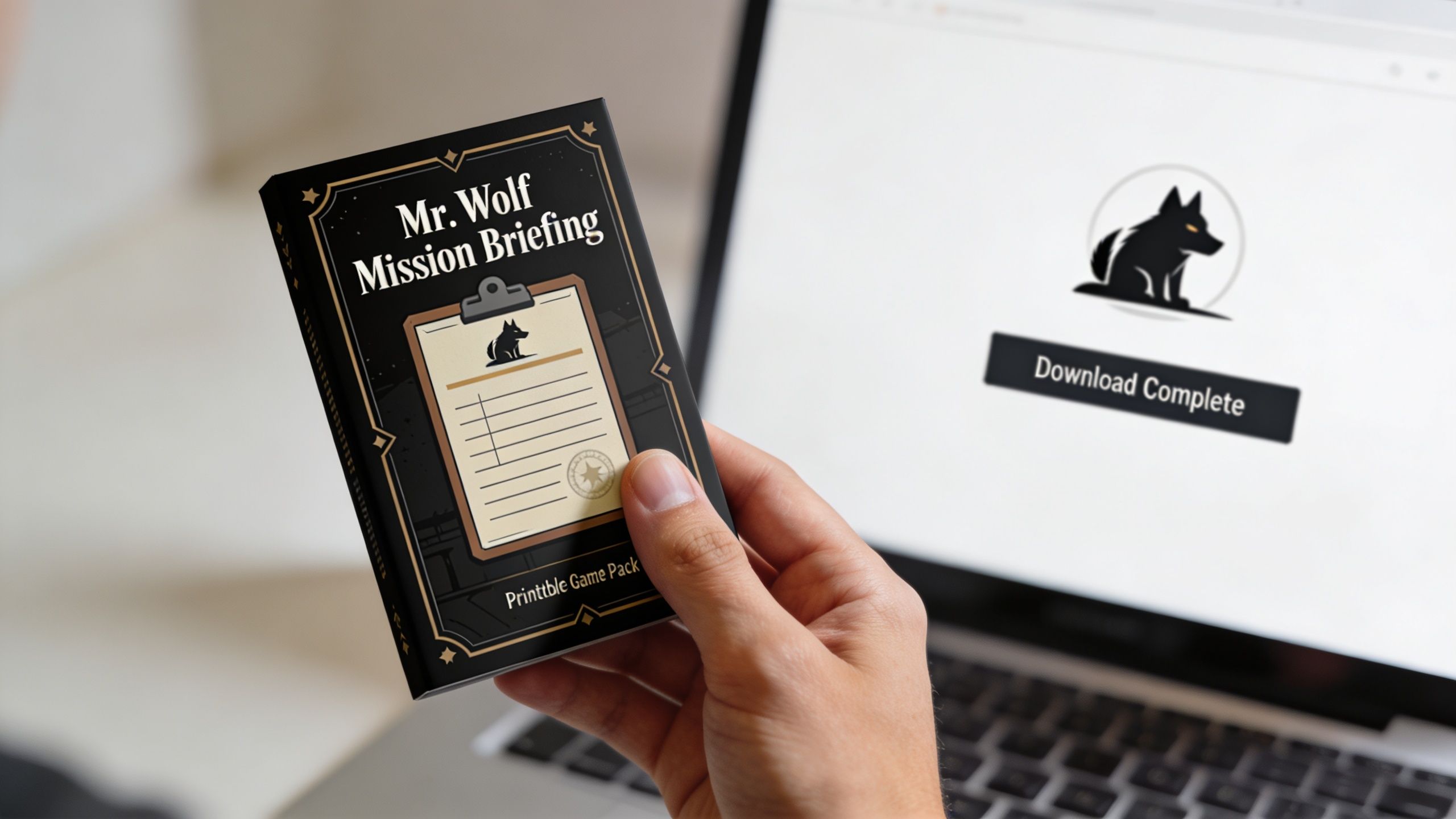 A hand holding a printed deck of Mr. Wolf game cards in front of a laptop computer.