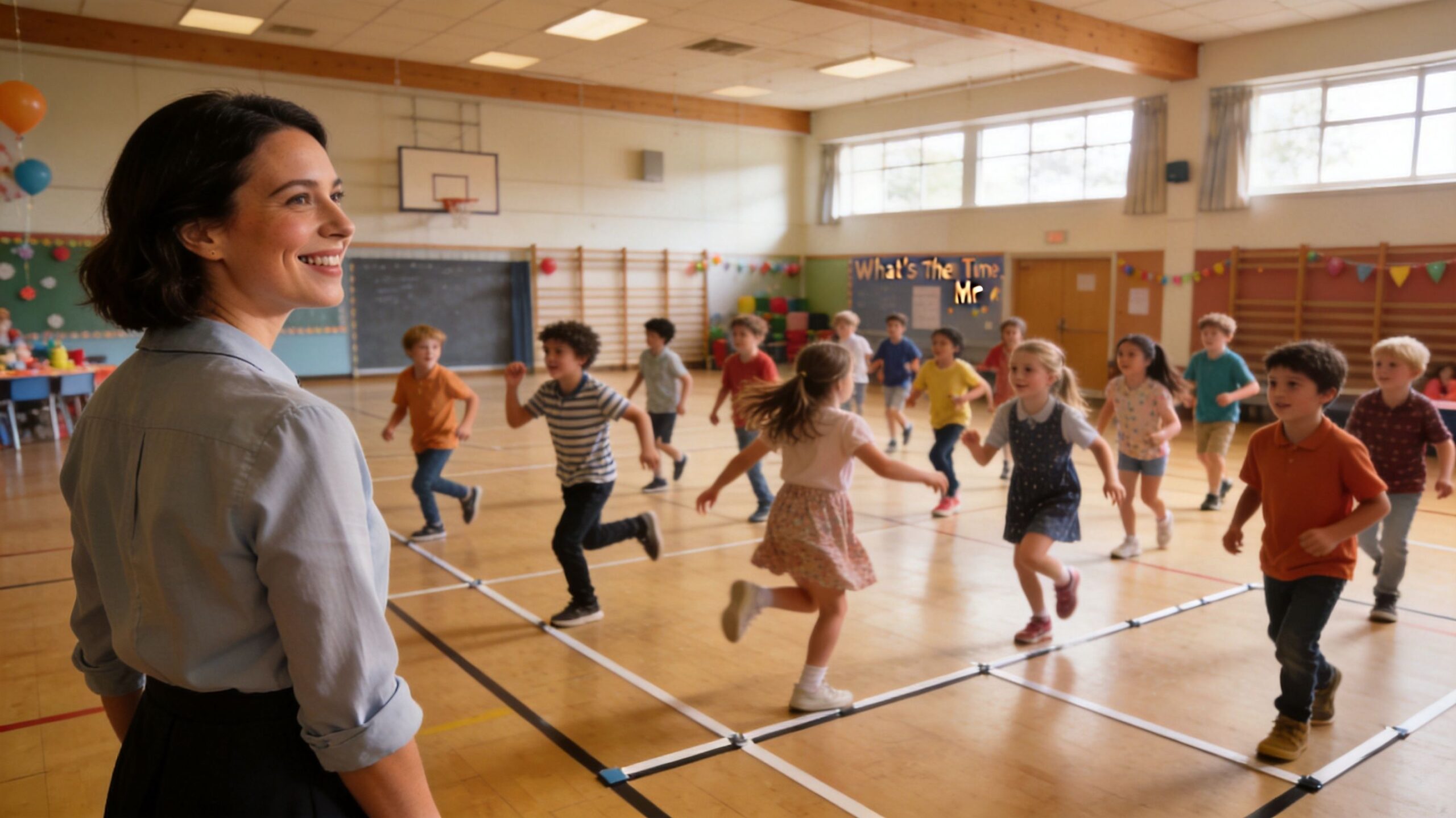 A smiling teacher watches a group of children playing an energetic game in a school gym.
