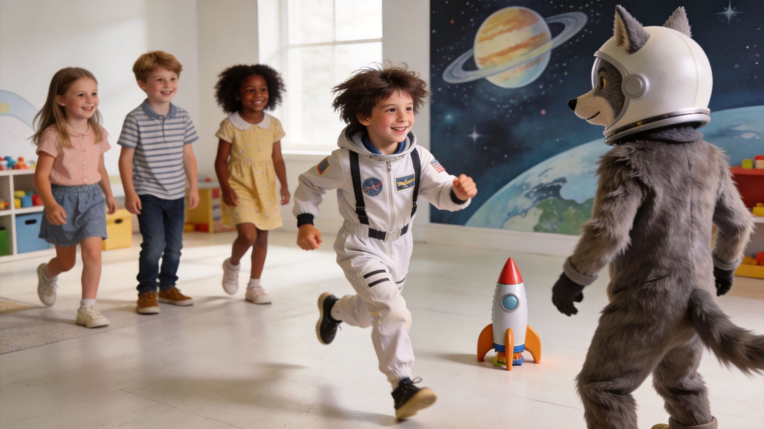 A group of children playing what's the time mr wolf with a person in a wolf astronaut costume.