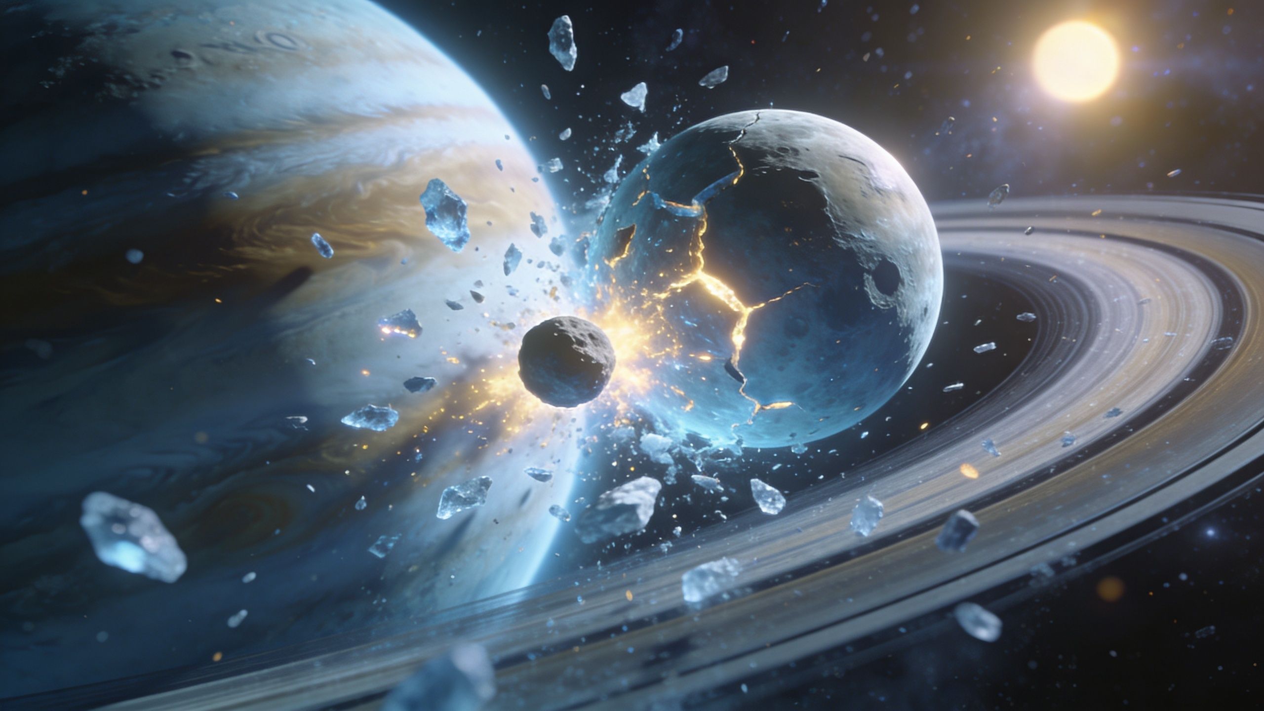 An asteroid crashing into a moon near Saturn with debris floating through space near the ringed planet.
