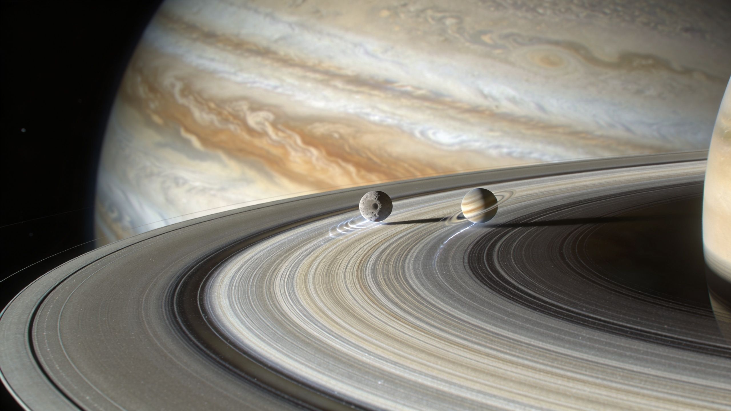 A digital composite featuring two moons hovering above Saturn's majestic, detailed ring system in deep space.