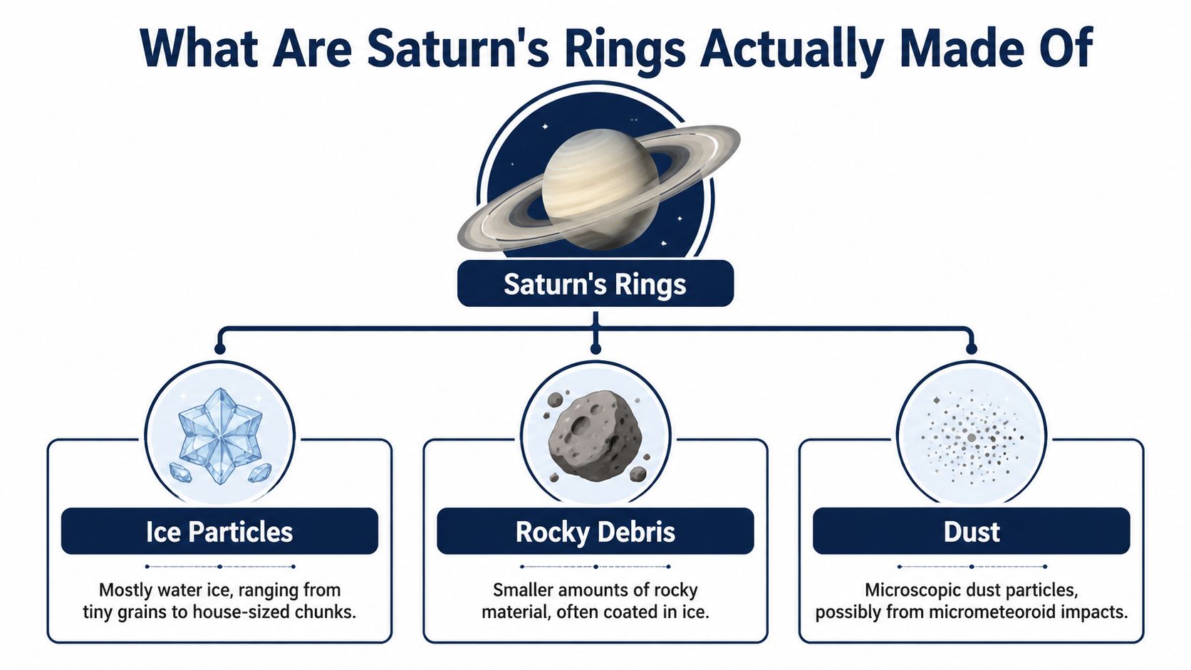 A diagram explaining that Saturn's rings are composed of ice particles, rocky debris, and microscopic dust.