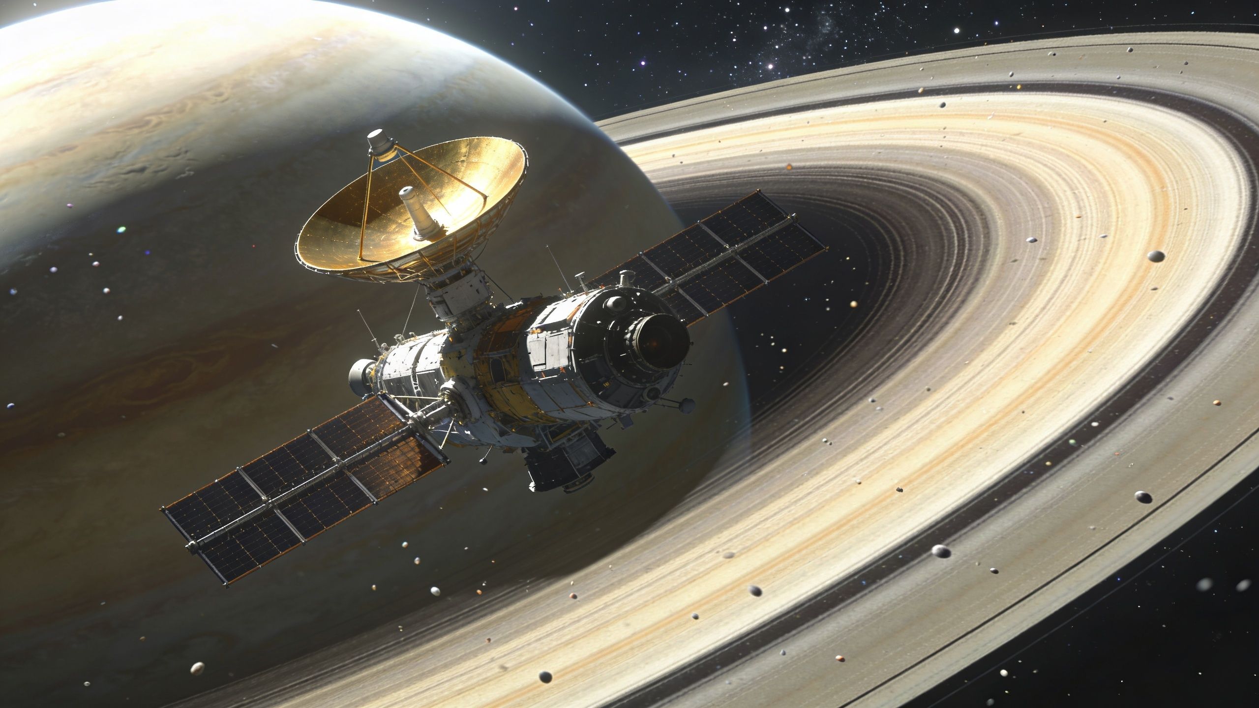 A space probe orbits Saturn, showcasing its detailed ring system and the massive planet in the background.