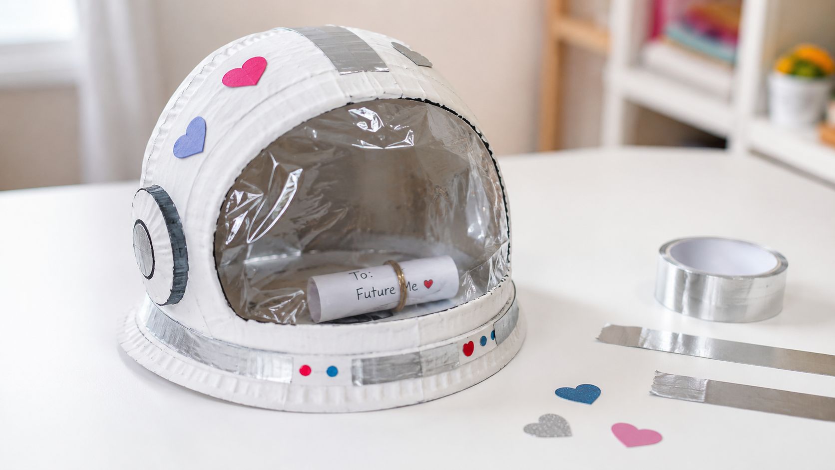 A homemade cardboard astronaut helmet decorated with paper hearts containing a note to future me.