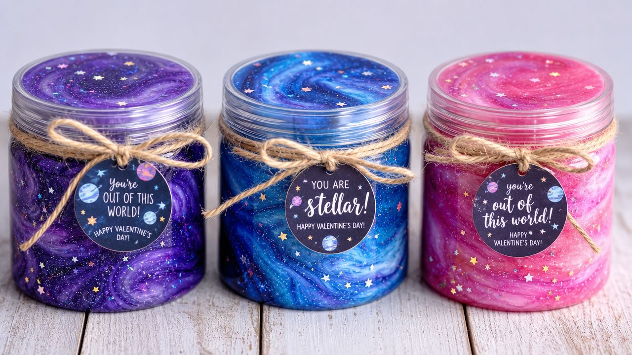 Three clear jars filled with colorful galaxy slime decorated with Valentine's Day gift tags and jute twine.