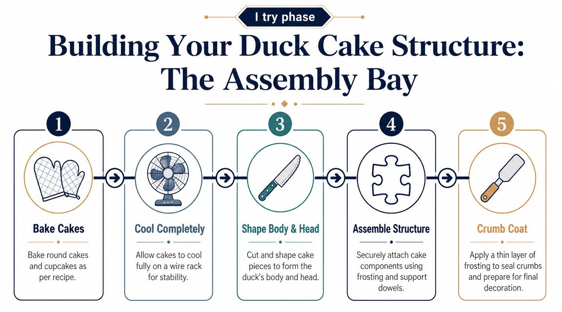 A five-step infographic showing the assembly process for creating a structured duck-shaped birthday cake.