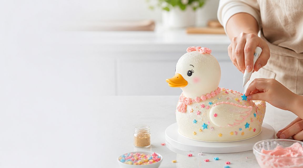 A person and a child decorating a cute, white duck-shaped birthday cake with small colorful star sprinkles.
