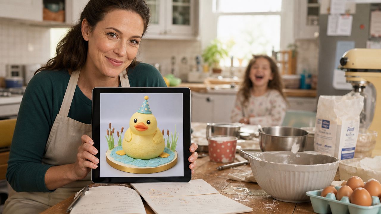 A woman holding a tablet showing a cute duck birthday cake while baking in her kitchen.