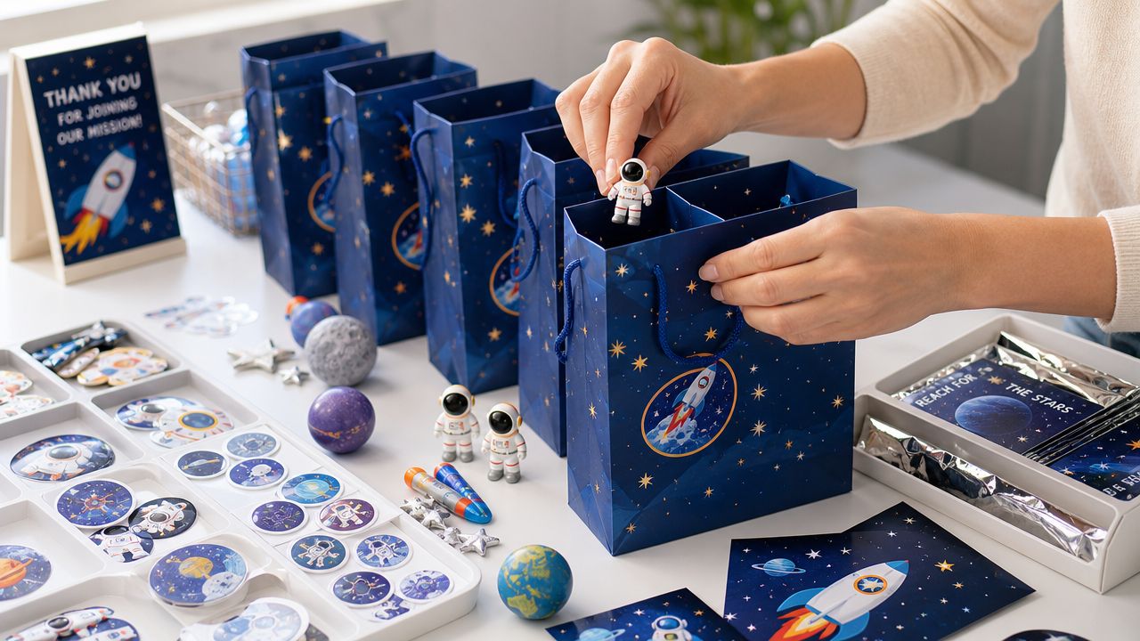 A person placing small astronaut figurines into blue space-themed party gift bags on a decorated table.