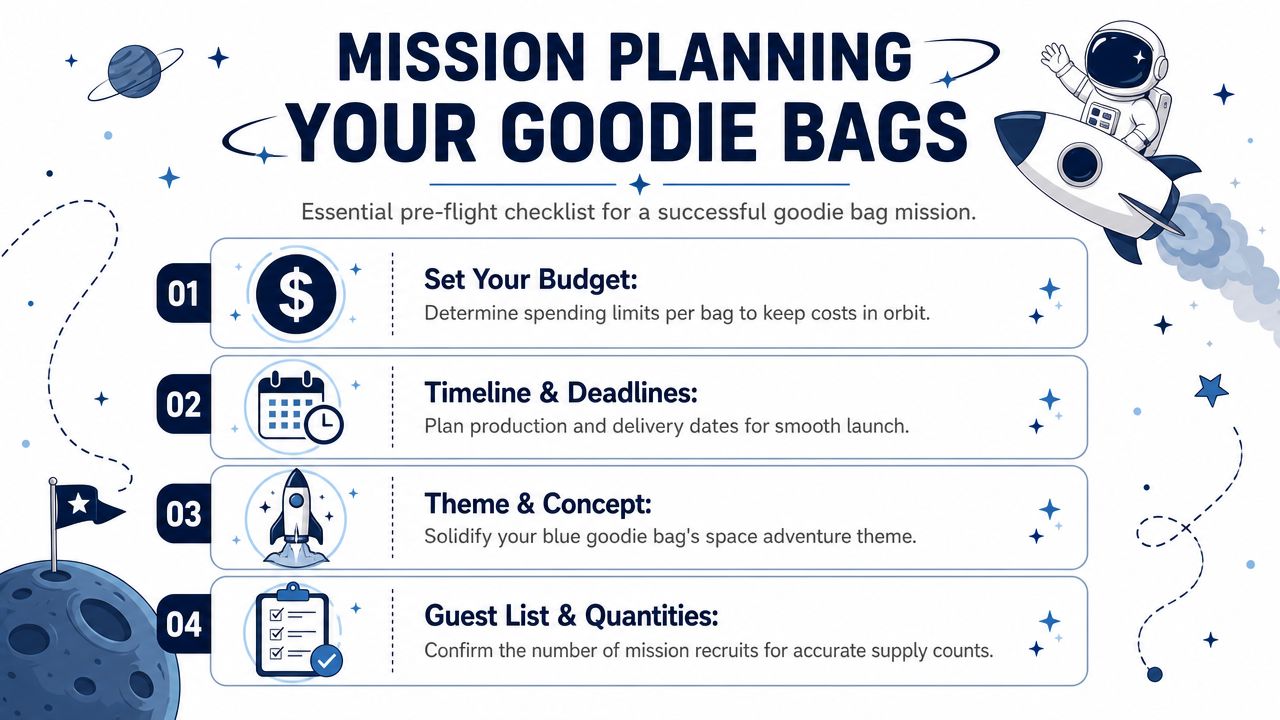 An infographic titled Mission Planning Your Goodie Bags, outlining a four-step pre-flight checklist for event planning.