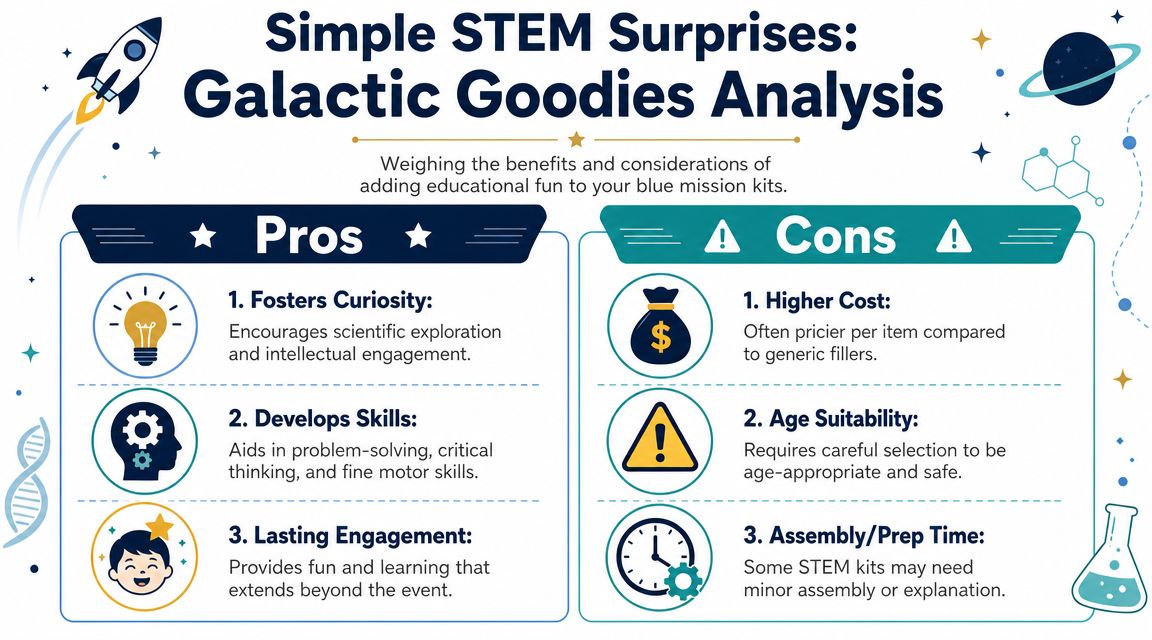 A comparison chart showing the pros and cons of adding STEM educational items to blue mission bags.
