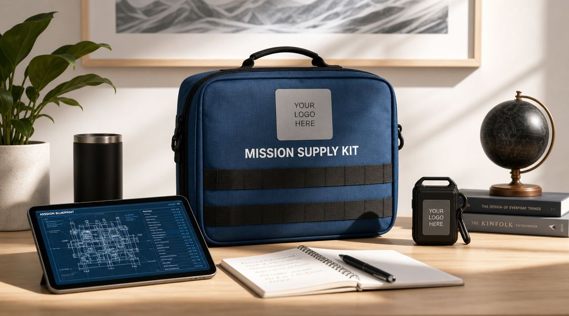 A professional blue supply kit bag sits on a desk with a tablet, notebook, and a small case.
