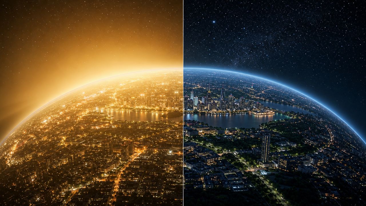 A split view of a city at night showing a warm golden glow versus a cool blue starlight.