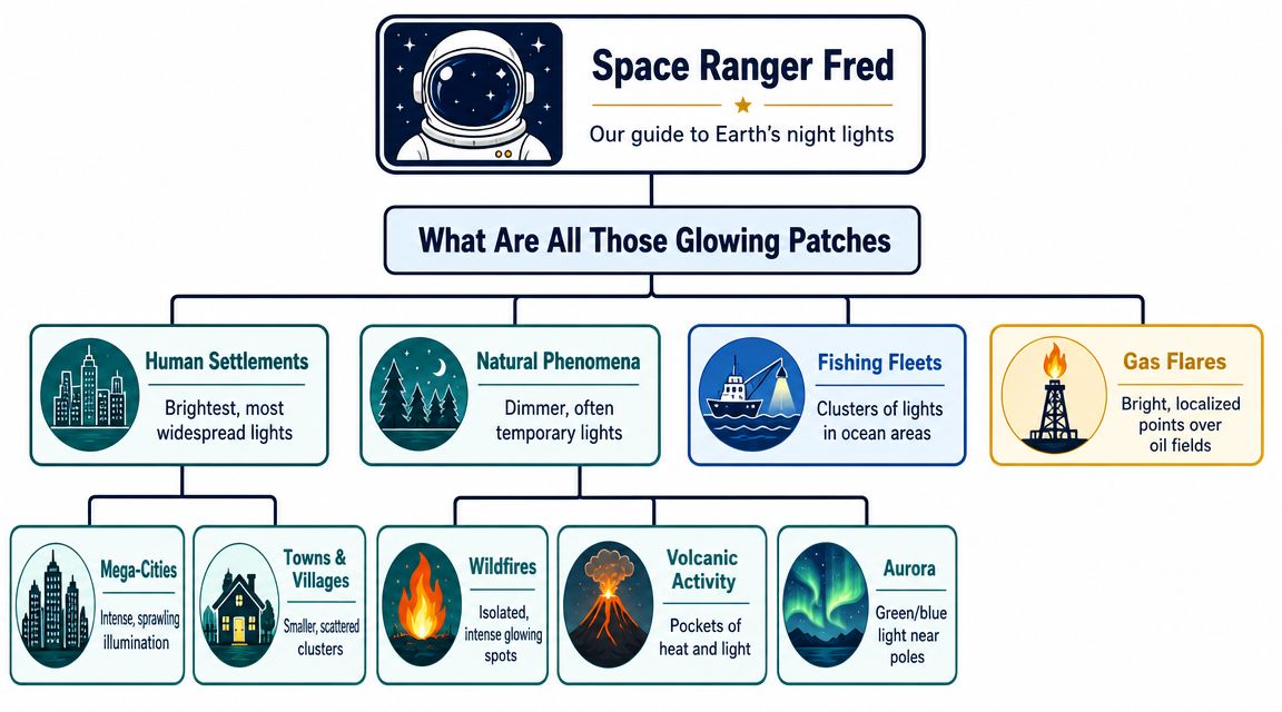 An infographic titled Space Ranger Fred explaining various types of light sources seen on Earth at night.