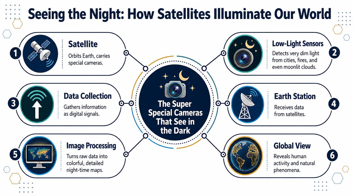 A diagram illustrating the process of how satellites capture nighttime images of Earth using special sensors.