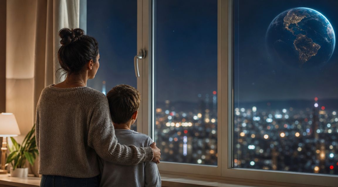 A woman and young child looking out a window at a city skyline and a glowing Earth planet.