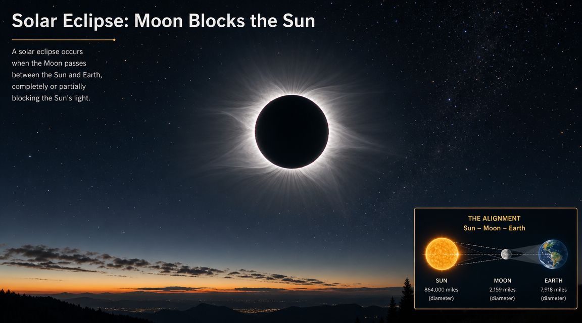 A photograph showing a total solar eclipse with a diagram illustrating the Sun, Moon, and Earth alignment.