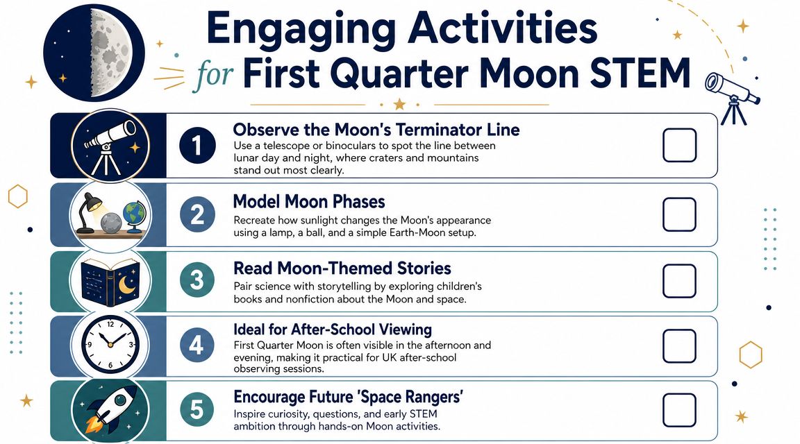 An infographic list titled Engaging Activities for First Quarter Moon STEM featuring five educational lunar learning ideas.
