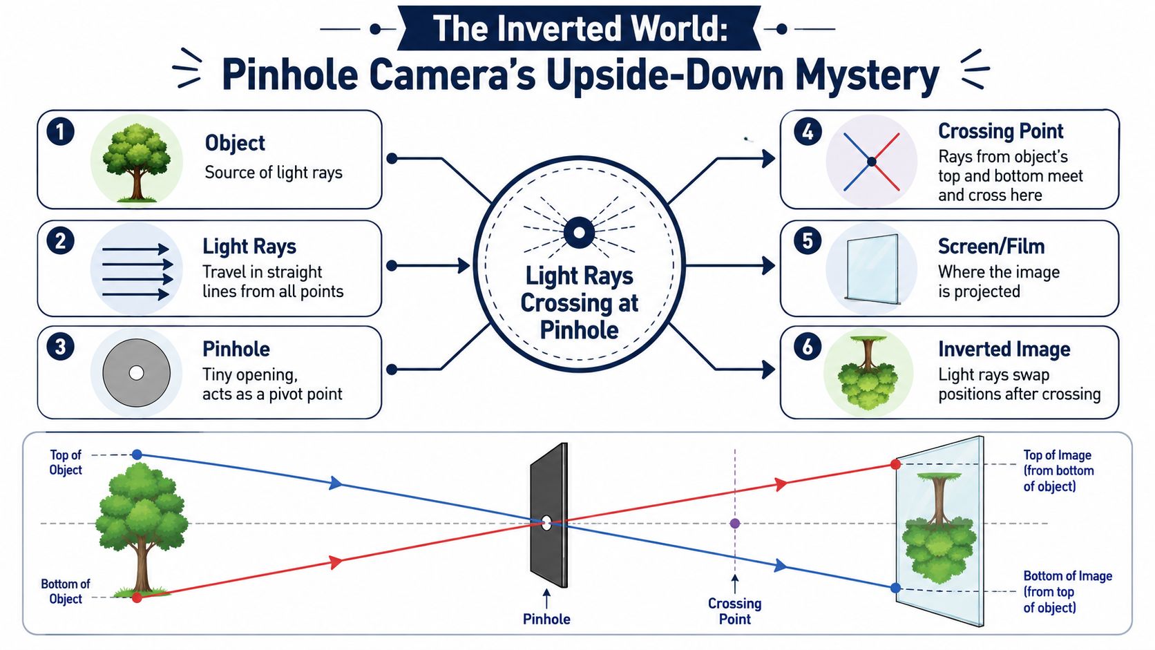 A diagram illustrating the physics behind how a pinhole camera creates an inverted image of an object.