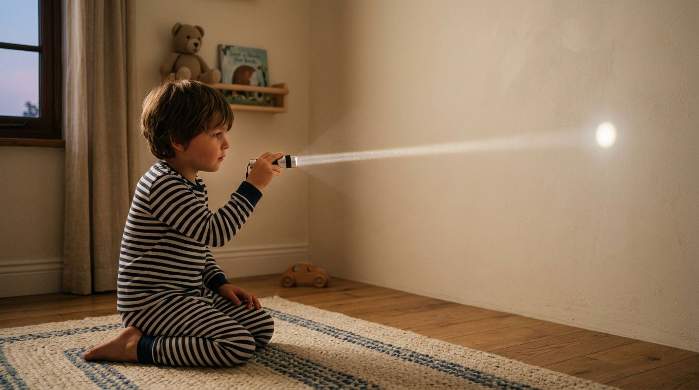 A young child in striped pajamas shines a bright flashlight beam onto a bedroom wall.