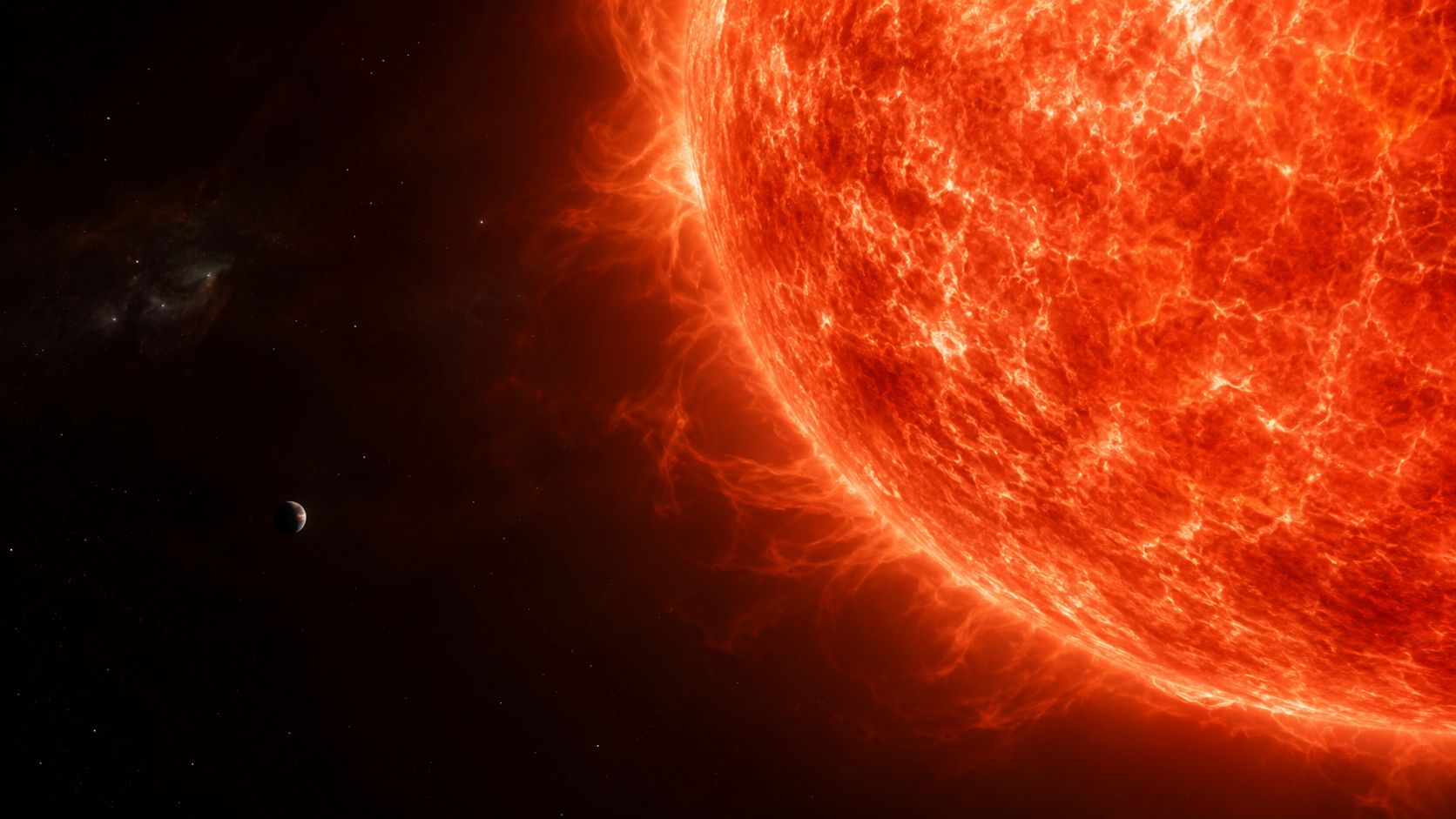 An artistic representation showing a large red star dominating the frame with a small planet nearby.