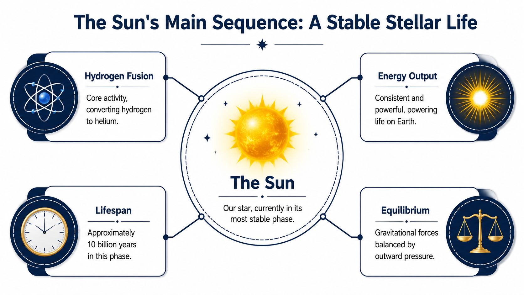 An infographic titled The Sun's Main Sequence describing hydrogen fusion, energy output, lifespan, and hydrostatic equilibrium.