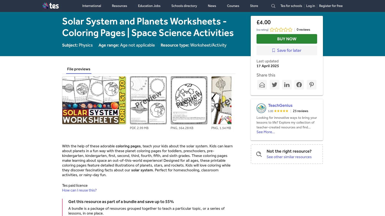 TES (UK) – Solar System & Planets Coloring Pages (Marketplace)