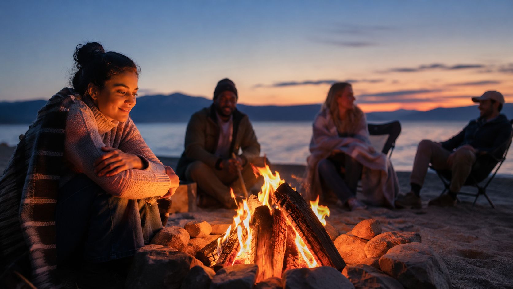 A diverse group of friends relaxing around a cozy campfire on a beach during a sunset.
