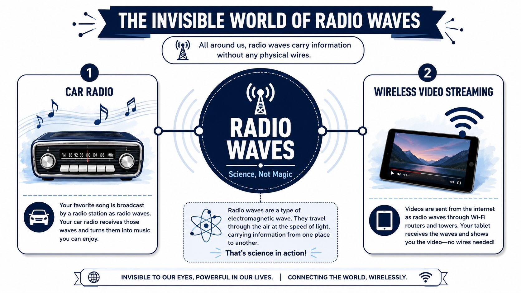 An infographic illustrating how radio waves transmit information wirelessly for car radios and video streaming devices.