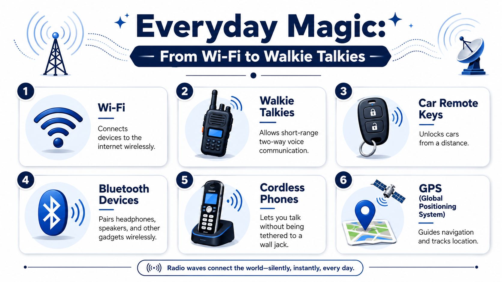 An infographic illustrating six common technologies powered by invisible radio waves, including Wi-Fi, GPS, and Bluetooth.