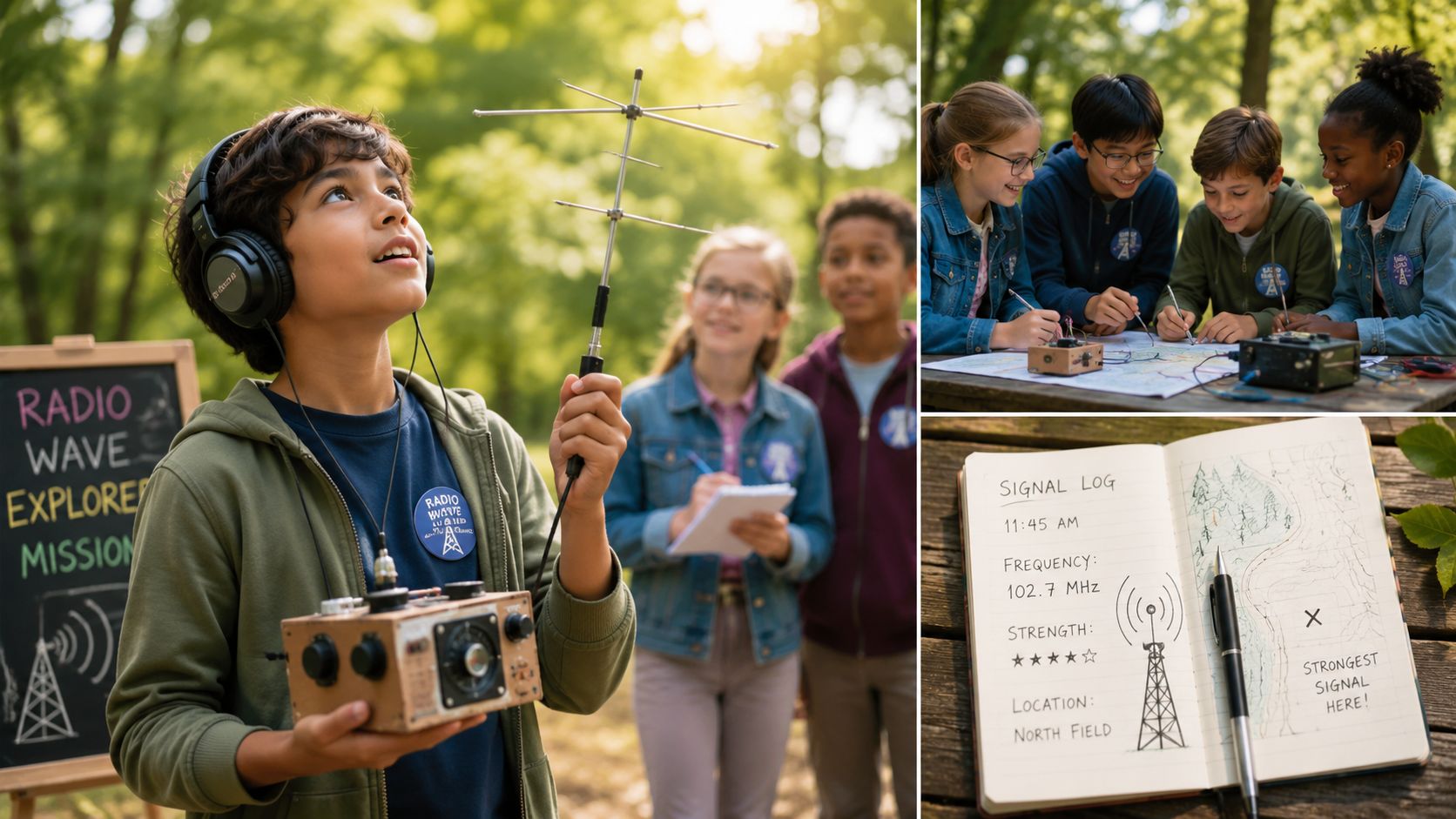 A diverse group of children conducting a outdoor radio wave exploration mission with specialized transmission equipment.