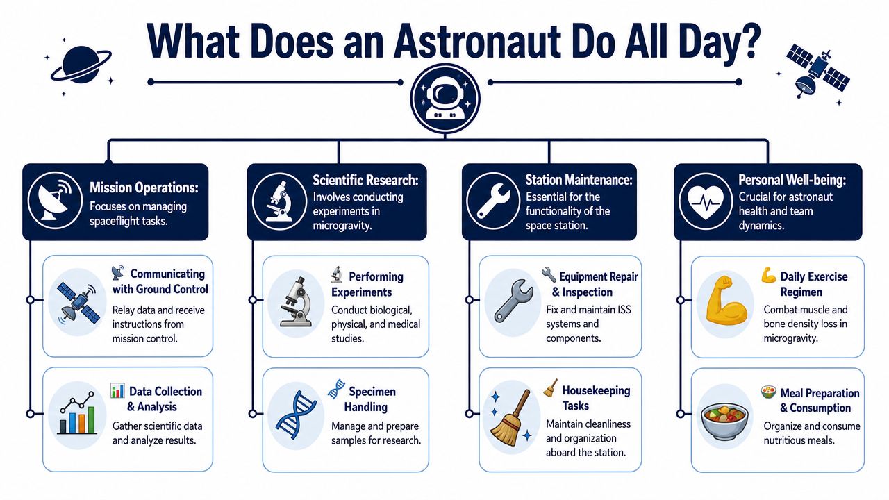 A diagram illustrating the daily tasks of astronauts, including mission operations, scientific research, station maintenance, and well-being.
