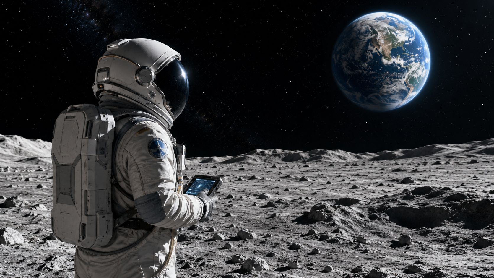 An astronaut wearing a spacesuit stands on the moon surface looking at the Earth in space.