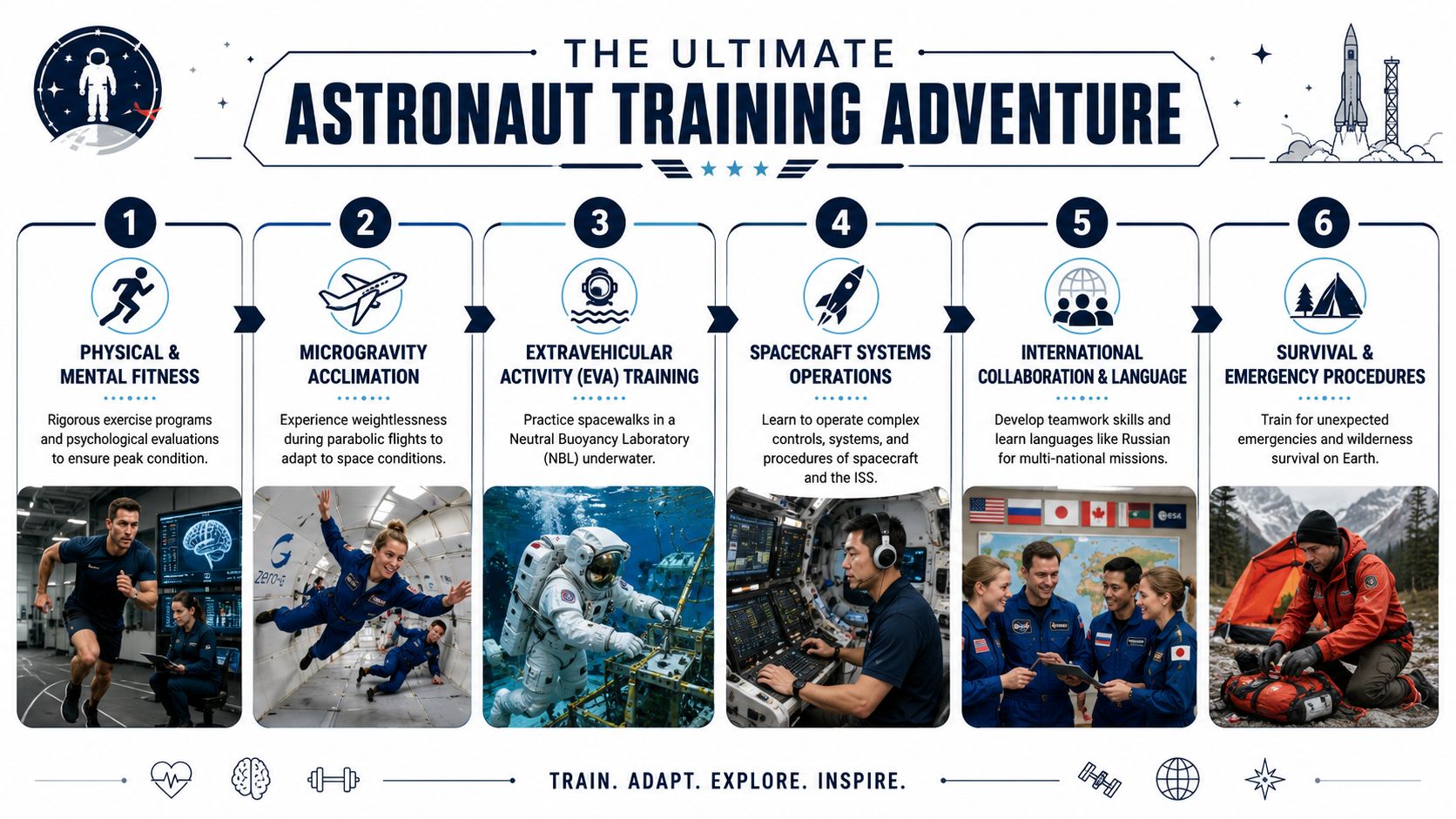 An infographic titled The Ultimate Astronaut Training Adventure displaying six essential stages of astronaut training programs.